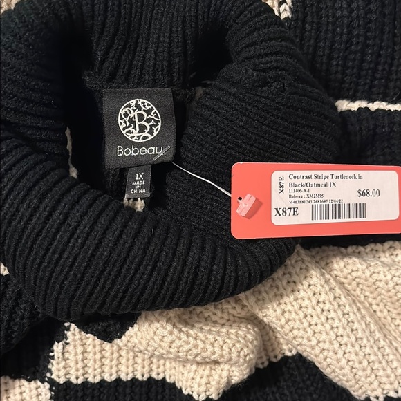 Bobeau Black and Cream Striped Turtleneck Sweater - Picture 3 of 3